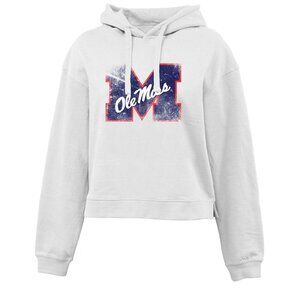 Ole Miss Distressed Big M Women's Waist length Hoodie WHITE